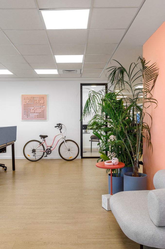 Corner with plants, a bicycle and a peach wall