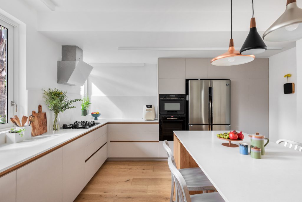 Cream and wood kitchen with a white island