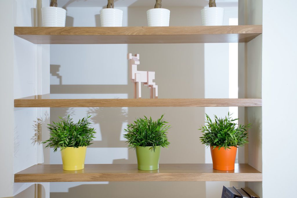 Detail: wooden shelves with colourful planters