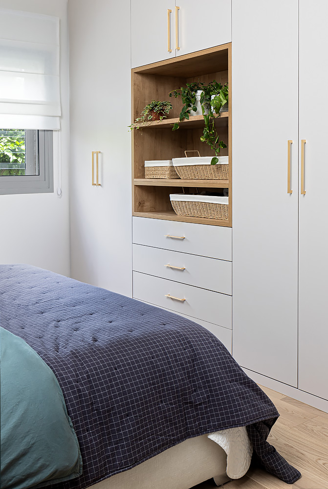 White wardrobe with open wooden shelves