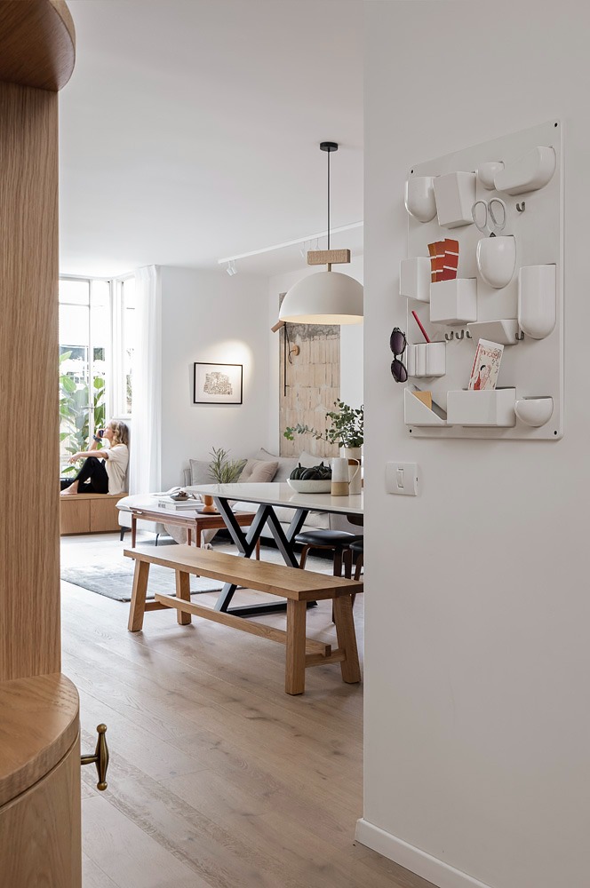 View from the entrance to the dining area, with a white wall organiser
