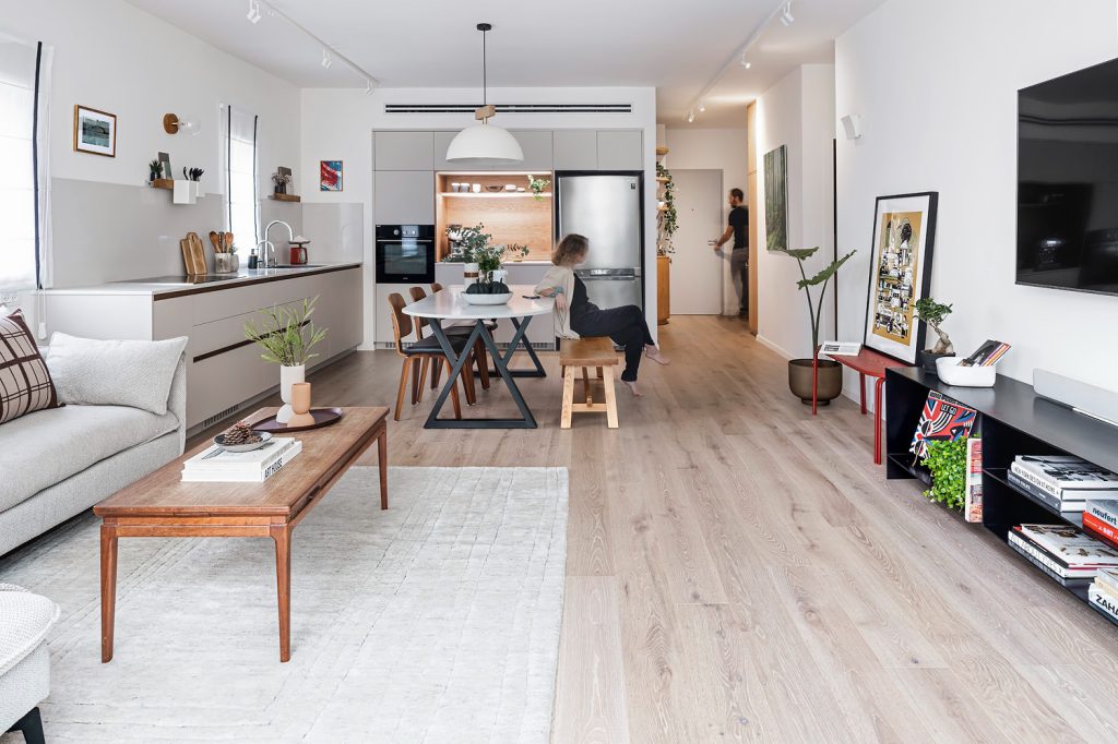 Long open-plan space: living, dining and kitchen