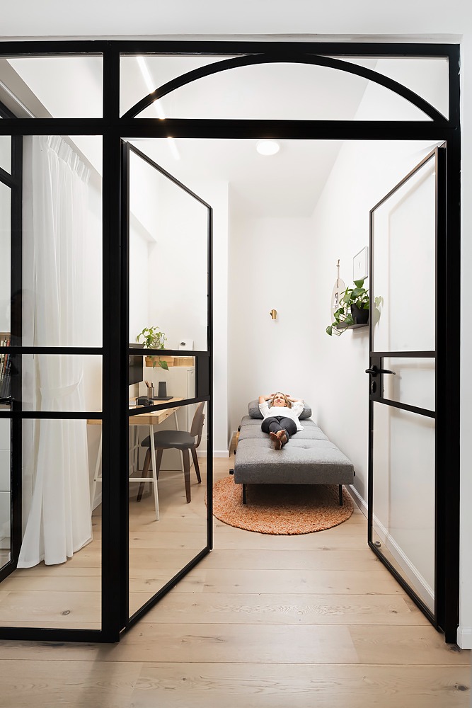 French doors open, looking into the study