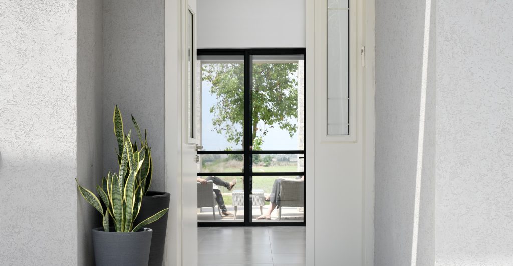 View through a glass door to the yard, with a potted plant