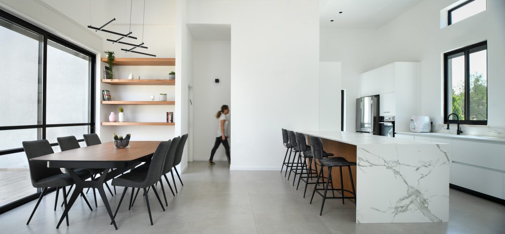 Dining area and a marble-look kitchen island