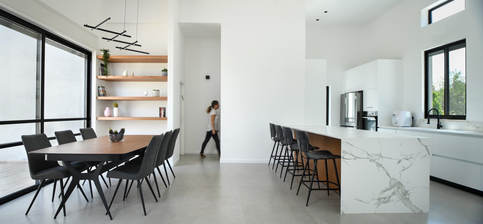 Dining area and a marble-look kitchen island